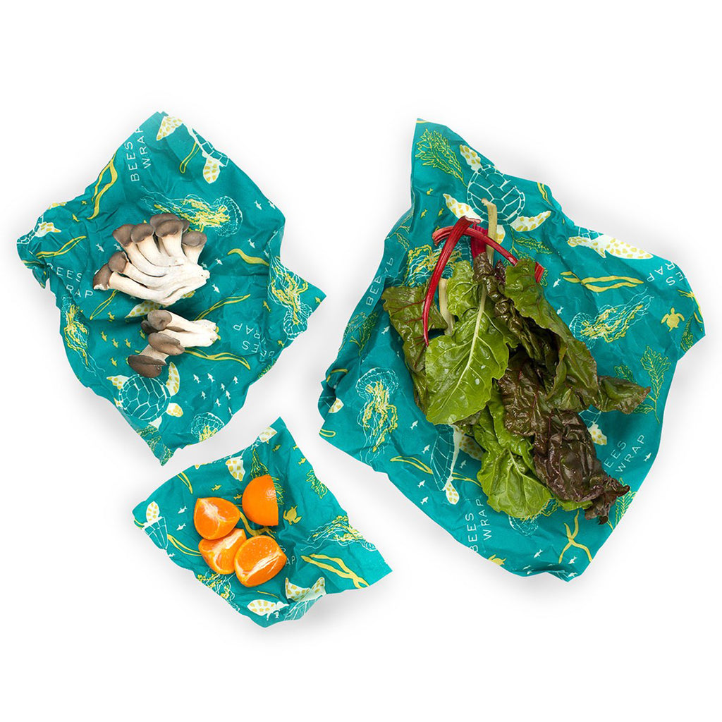 bee's wrap 3 pack assorted in oceans print with food