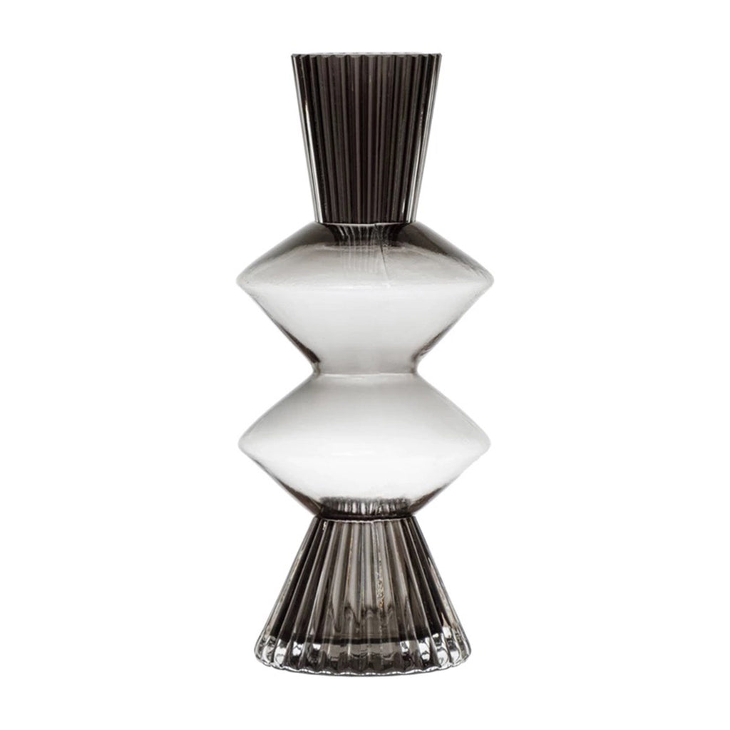 Fluted vase in smoke glass with ribbed sections at the top and bottom.