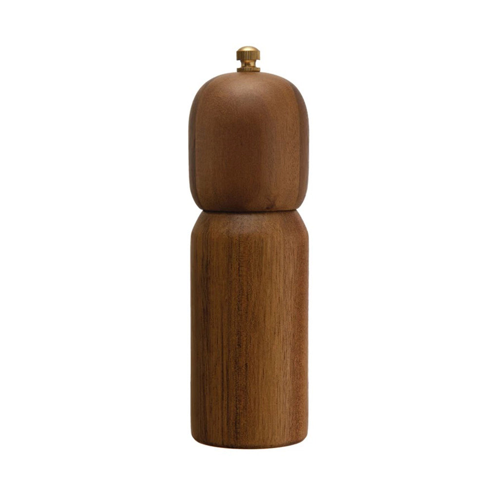 Bloomingville Acacia Wood Salt/Pepper Mill with rounded edges and a brass adjustment knob at top.
