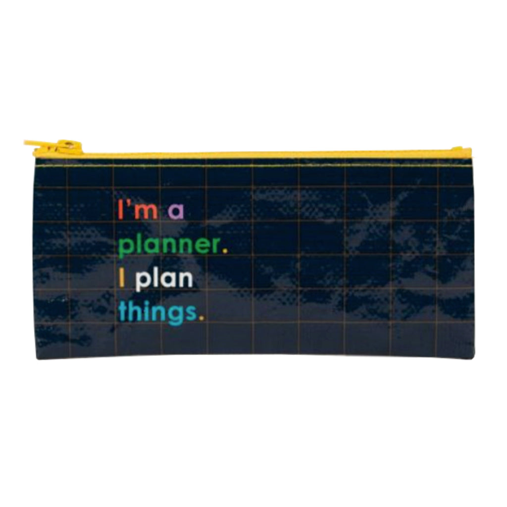 Black pencil case with yellow grid pattern and zipper at top with "i'm a planner. i plan things." in colorful letters.