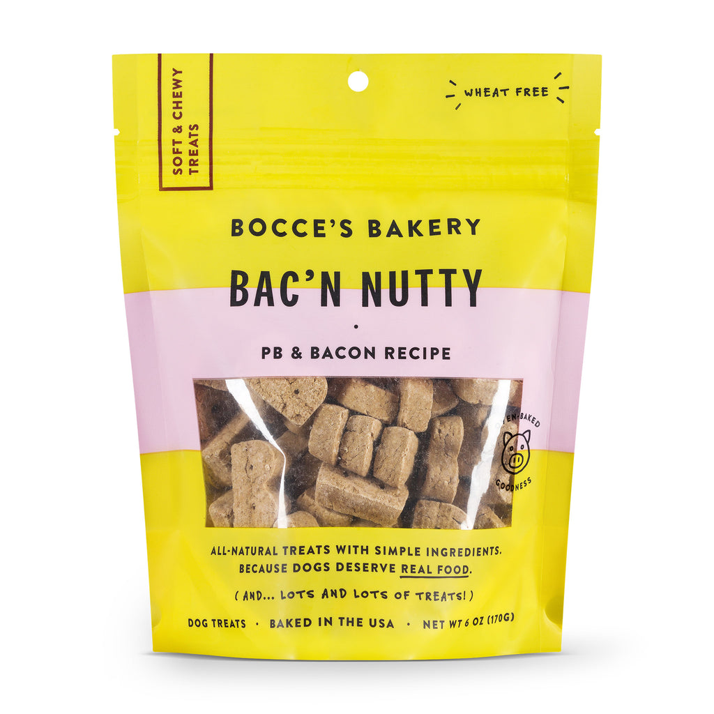 bocce's bakery bac'n nutty peanut butter and bacon soft and chewy all natural dog treats in packaging front