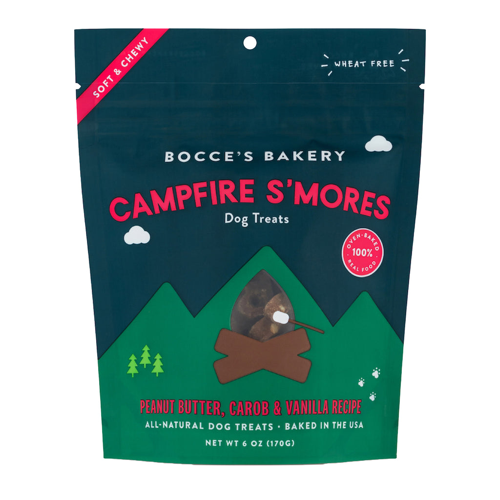 bocces bakery by the fire campfire s'mores soft & chewy all natural dog treats packaging front