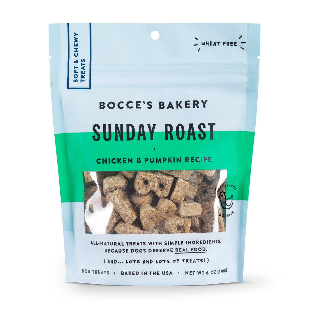 bocce's bakery sunday roast chicken and pumpkin soft and chewy all natural dog treats in packaging front