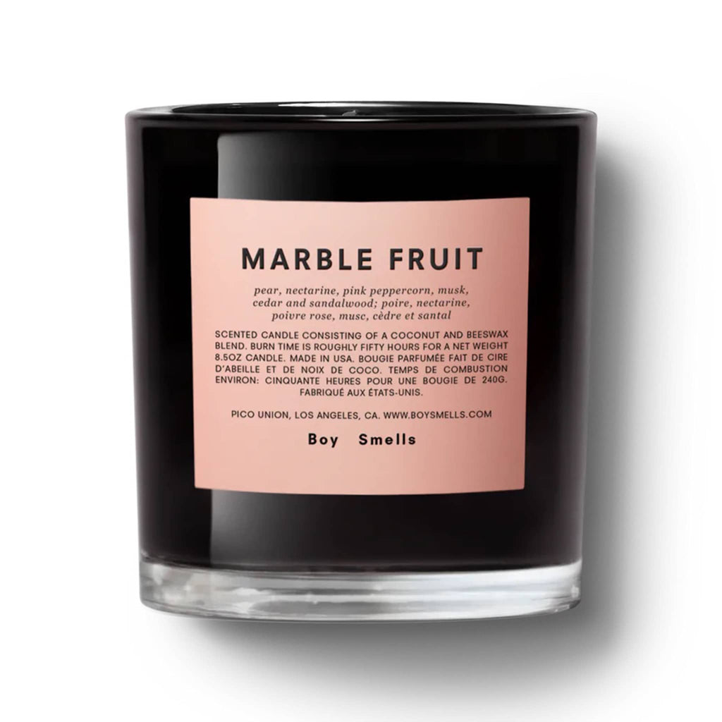 Boy Smells marble fruit scented candle in black glass tumbler with pink label.