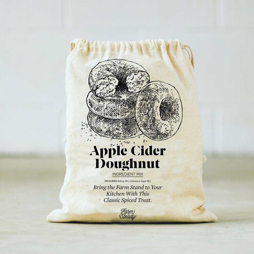 brooklyn brewshop farm steady apple cider doughnut baking mix in drawstring pouch packaging