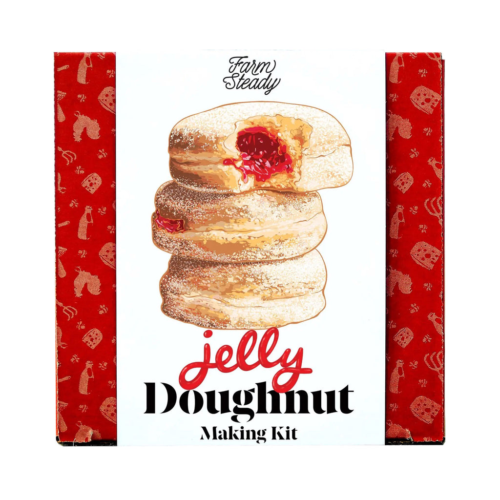 farm steady jelly doughnut making kit box front with illustration of 3 stacked jelly doughnuts, one with a bite taken out, on a white belly band on an orange box