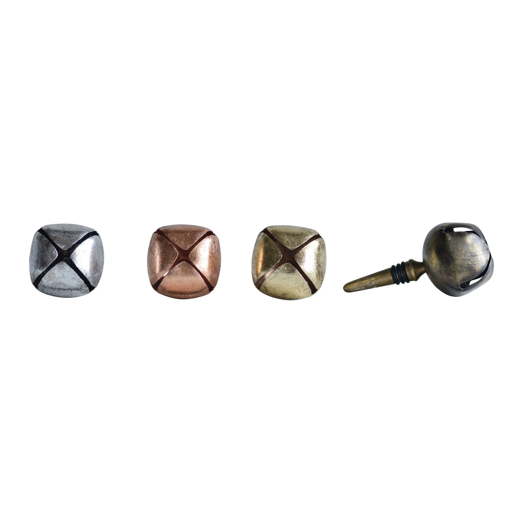 Creative Co-op Metal Bottle Stopper with jingle bell topper in 4 colors, from left to right: silver, rose gold, gold and nickel.