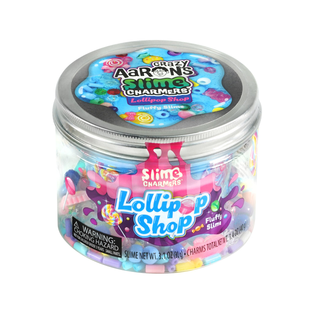 Crazy Aaron's Lollipop Shop Slime Charmers, fluffy blue glitter slime with colorful beads and candy charms in clear plastic container with metal screw-on lid.