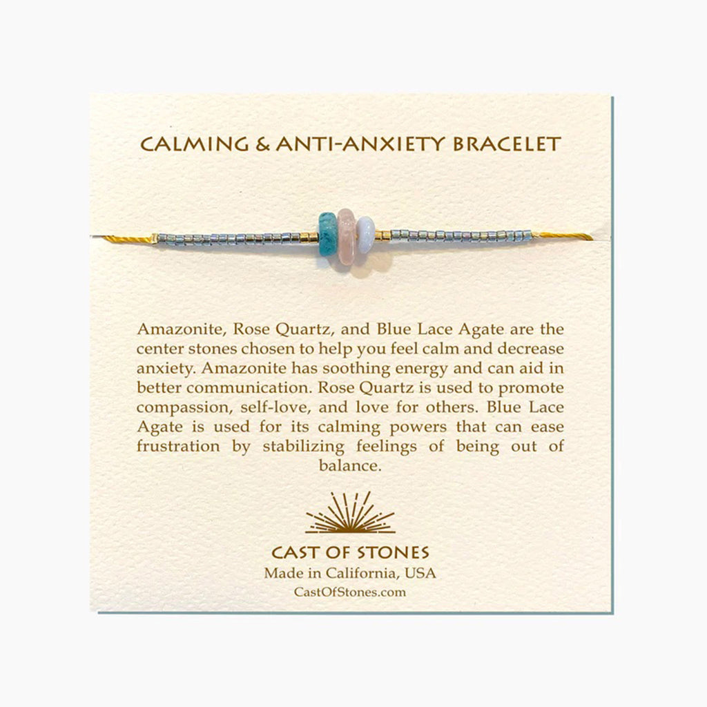 Cast of Stones Calming & Anti-Anxiety Bracelet with Amazonite, Rose Quartz and Blue Lace Agate stones mounted on a card.