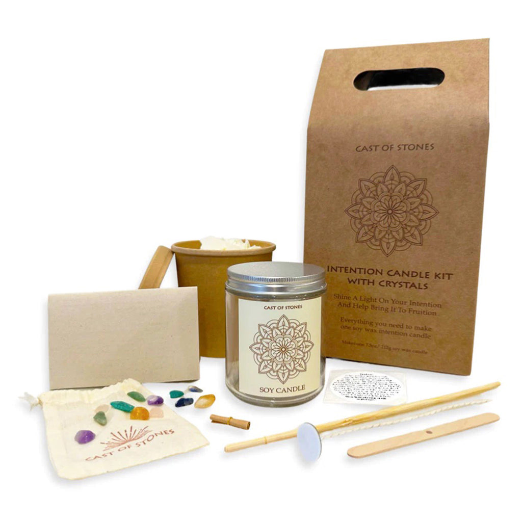 Cast of Stones Intention Candle Making Kit with Crystals contents next to brown paper box with handle