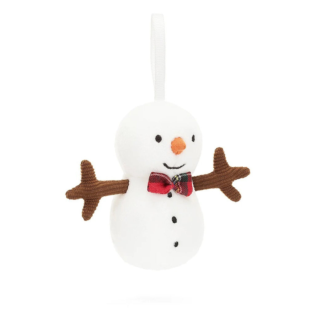 Jellycat Festive Folly Snowman holiday plush ornament, white fur with brown corduroy stick arms, a red plaid bowtie, black stitched eyes, smile and buttons and an orange carrot shaped nose with a white grosgrain ribbon for hanging, front view.