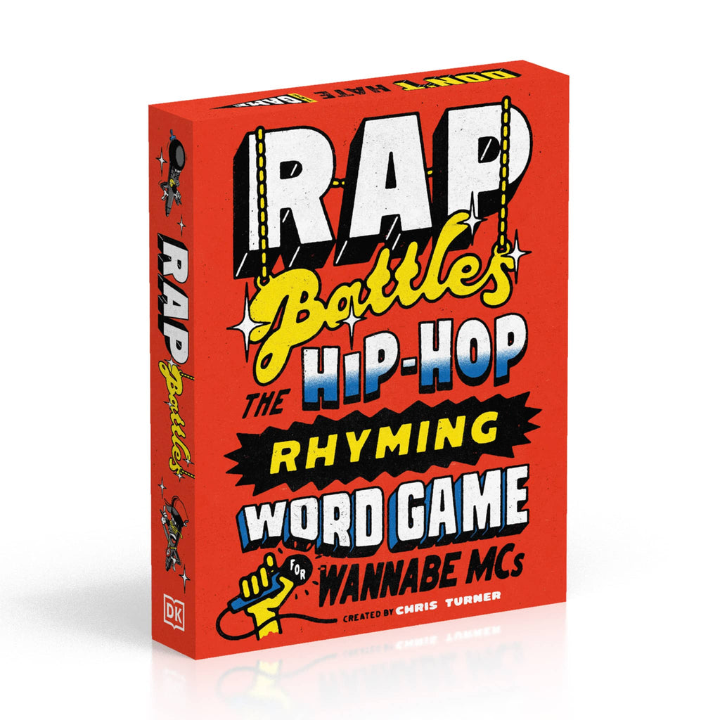 Penguin Random House Rap Battles: The Hip-Hop Rhyming Word Game for Wannabe MC's by Chris Turner, in red illustrated box packaging, front view.