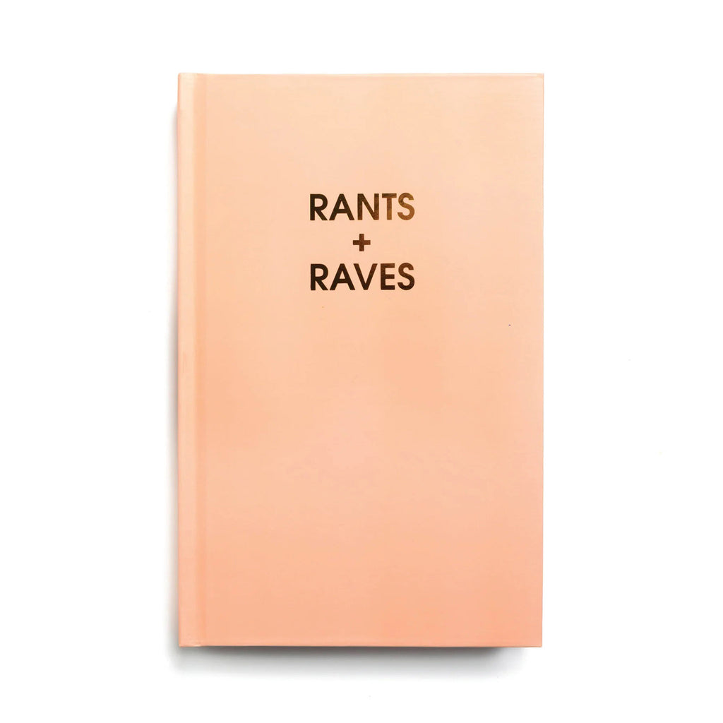 Chez Gagne light orange hardback notebook journal with "rants + raves" on the front cover in gold foil lettering 