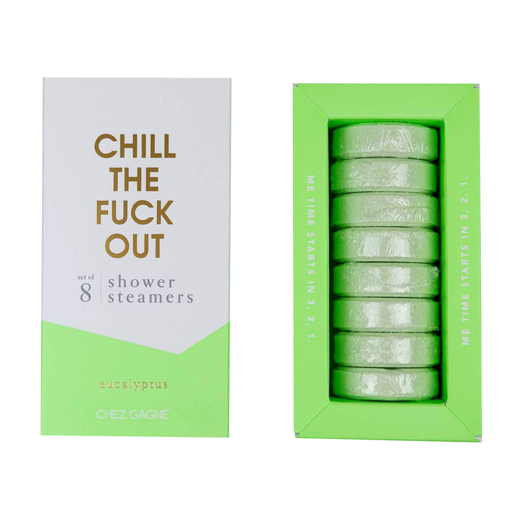 chez gagne chill the fuck out eucalyptus scented shower steamers in packaging