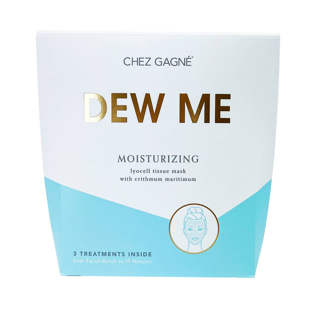 Dew Me moisturizing facial sheet masks pack of 3 in packaging with white and blue color block design and product name in gold foil.