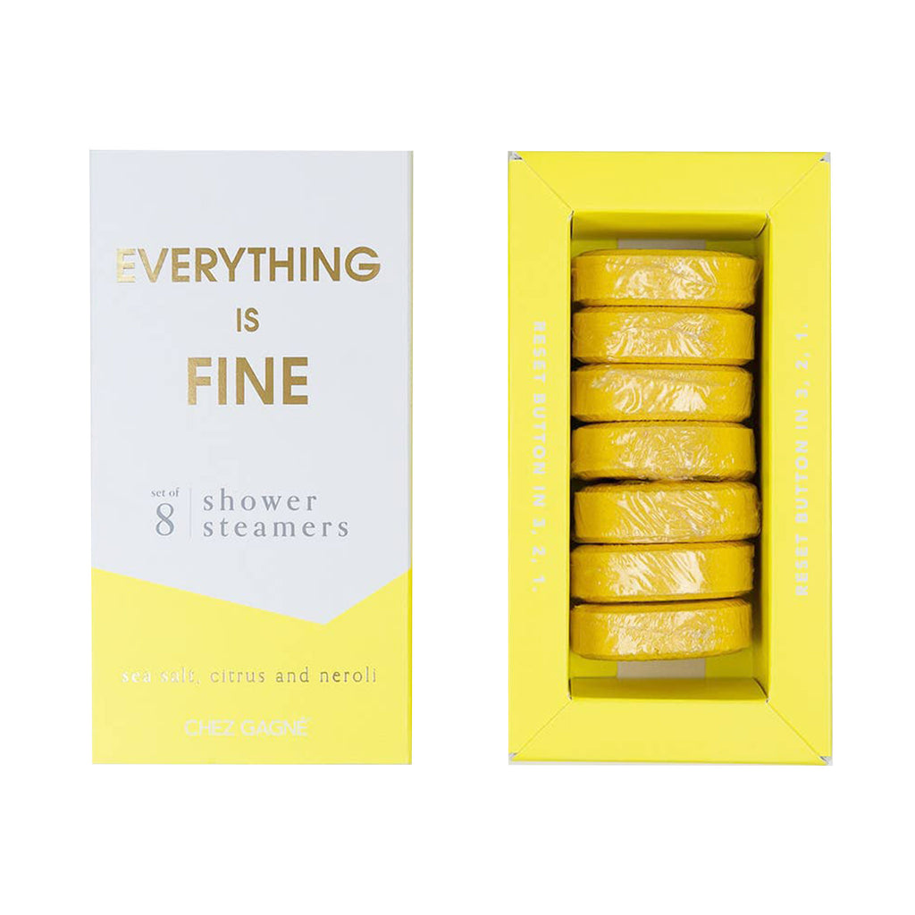 chez gagne everything is fine sea salt, citrus and neroli scented shower steamers in packaging