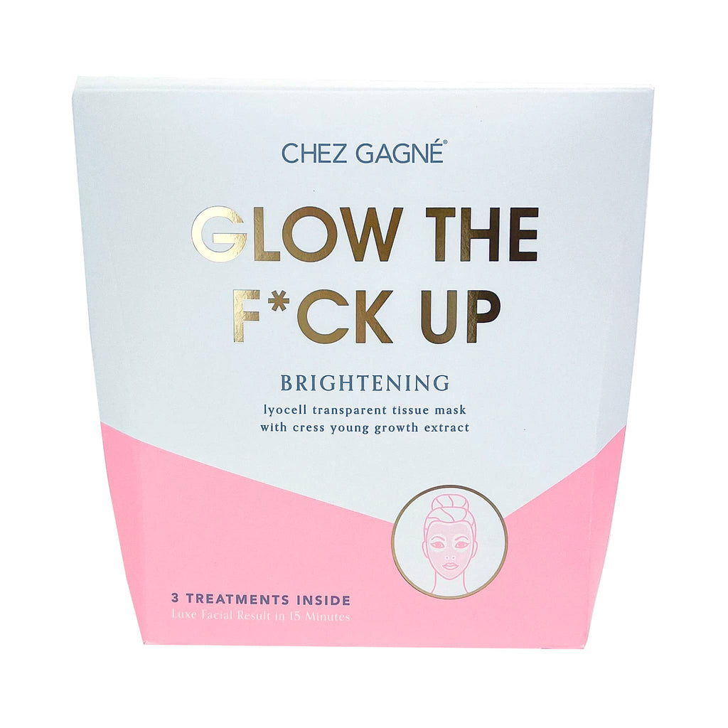 Glow the fuck up brightening facial sheet masks pack of 3 in packaging with white and pink color block design and product name in gold foil.