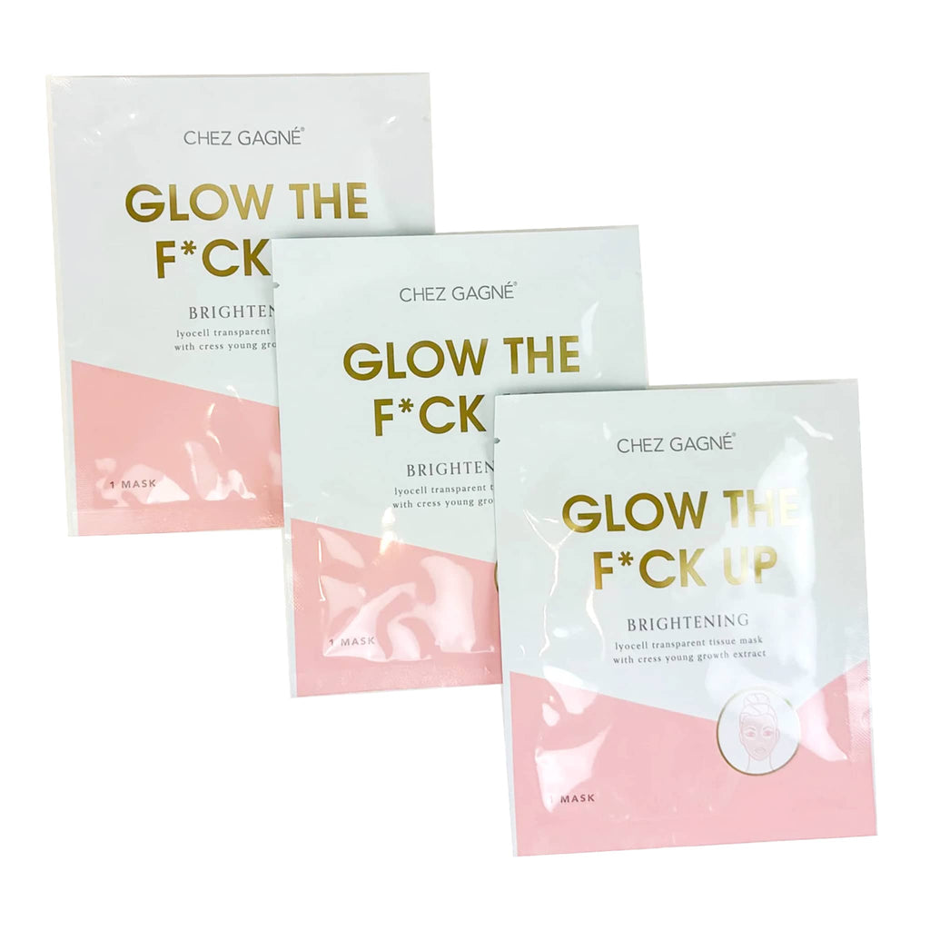 3 Glow the fuck up brightening facial sheet mask packets with pink and white color block design and product name in gold.