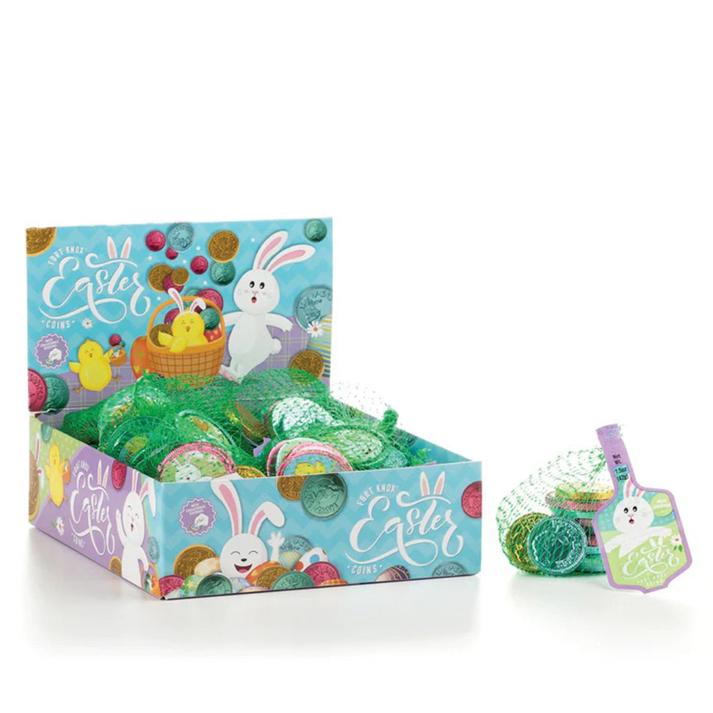 Fort Knox Easter Coins, solid milk chocolate in green mesh bags with easter illustrations.