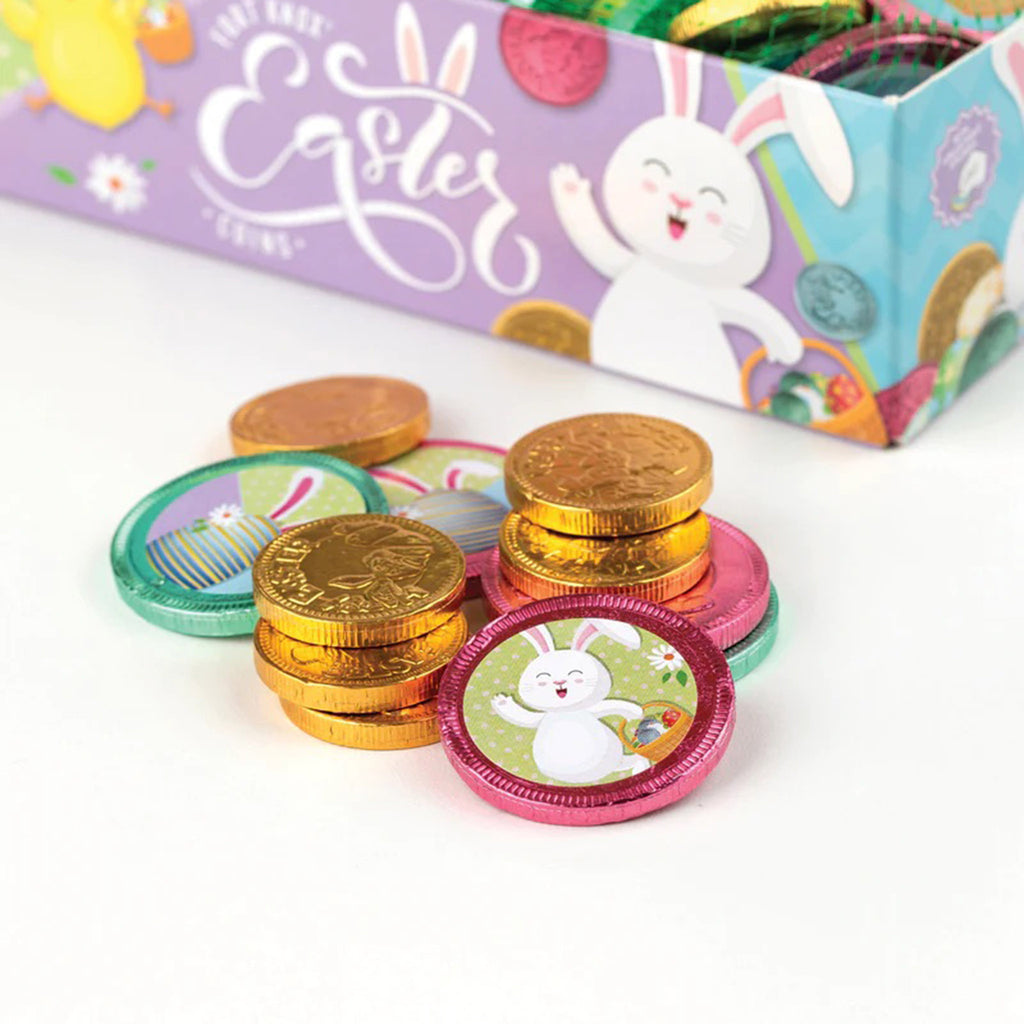 Fort Knox Easter Coins, solid milk chocolate wrapped in colorful foil with easter illustrations on them.