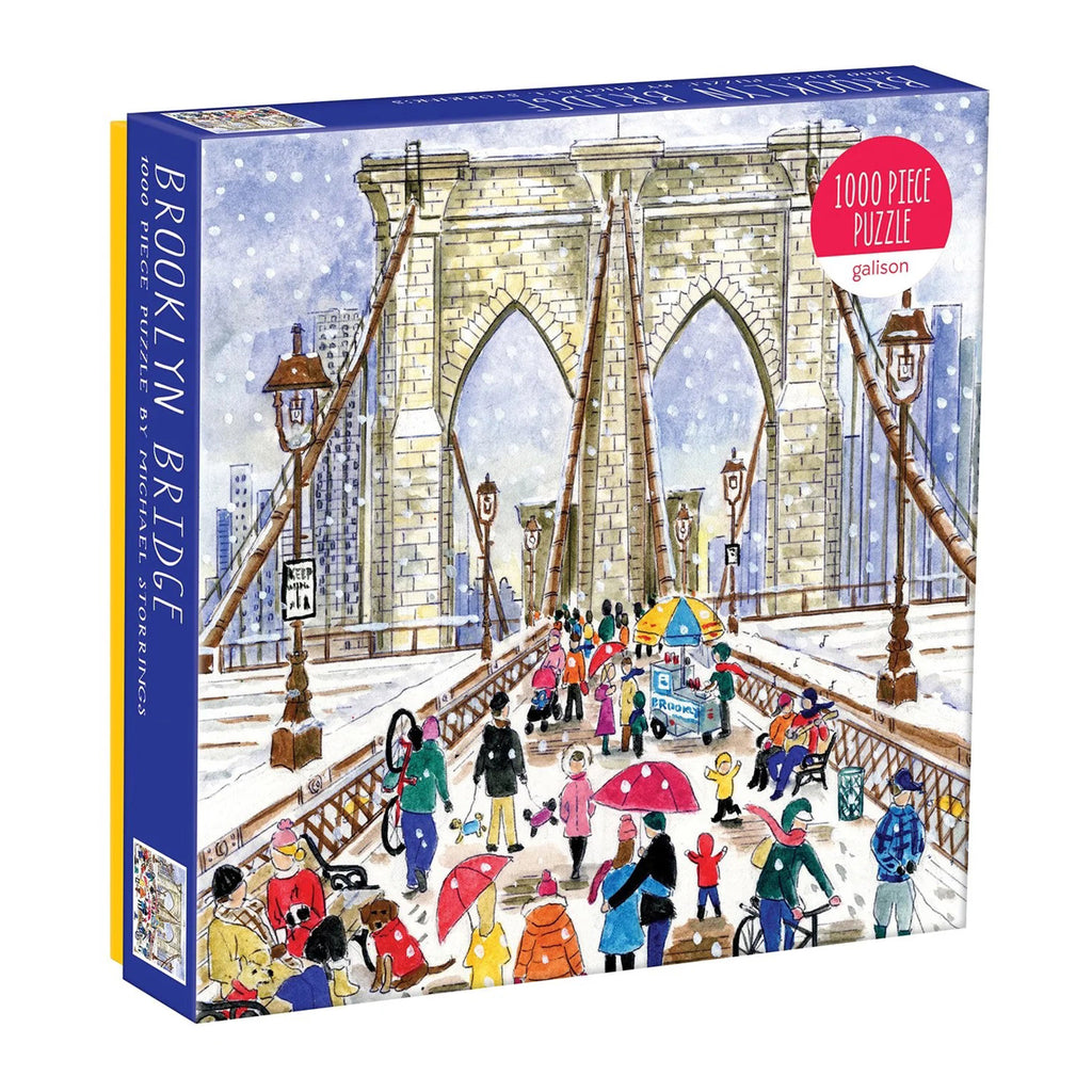 Front and side angle of jigsaw puzzle box with illustration of people walking across the brooklyn bridge in snow.