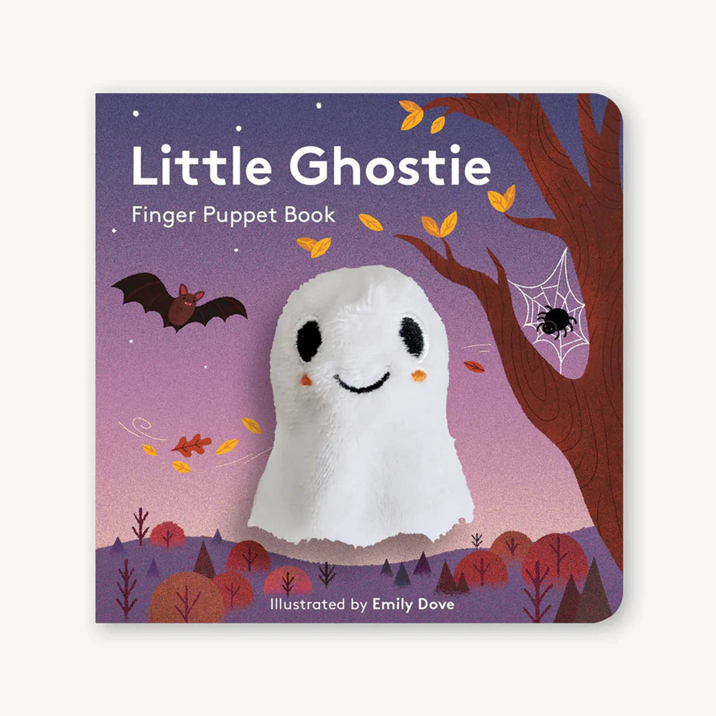 Cover of Halloween themed baby board book with a ghost finger puppet popping out of the front.