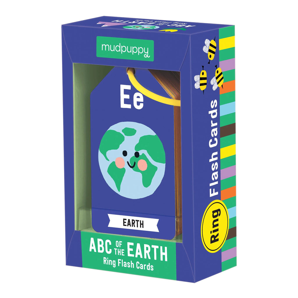 Front, top and side angle of a royal blue box with a blue flashcard showing through the window that has an uppercase and lowercase e along with an illustration of a smiling earth and "earth" underneath it. Front of the box has "mudpuppy" at the top and "abc of the earth, ring flash cards" at the bottom.
