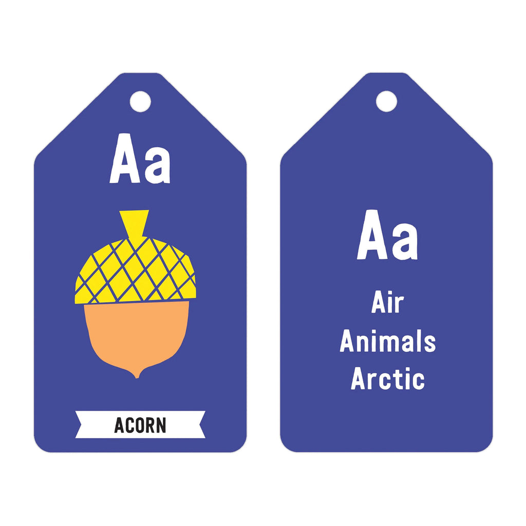 Dark blue card with a capital and small letter a, an illustration of an acorn with the word "acorn" underneath on front of the card. Back of the card has the letter in uppercase and lowercase along with "air, animals and arctic".