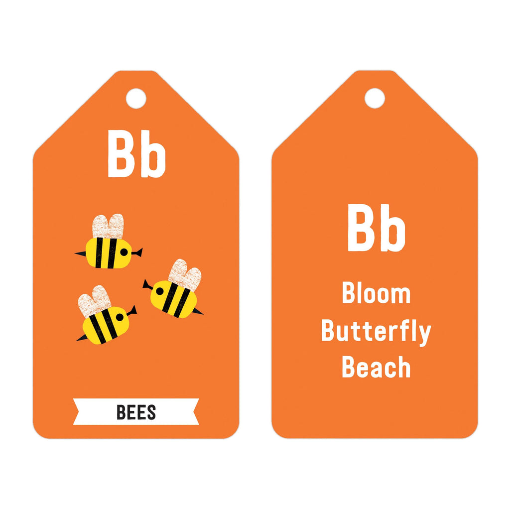 Orange card with a capital and small letter b, an illustration of bumble bees with the word "bees" underneath on front of the card. Back of the card has the letter in uppercase and lowercase along with "bloom, butterfly and beach".