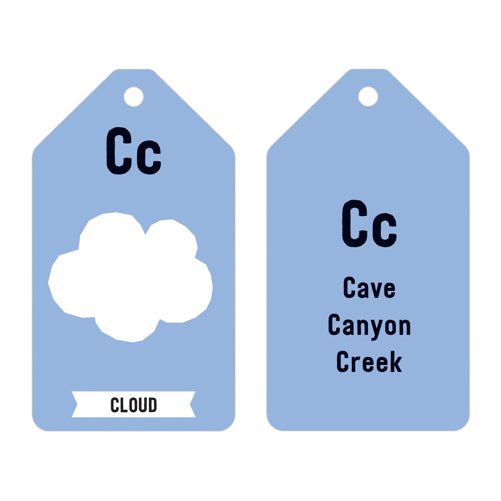 Light blue card with a capital and small letter c, an illustration of a white cloud with the word "cloud" underneath on front of the card. Back of the card has the letter in uppercase and lowercase along with "cave, canyon, creek".