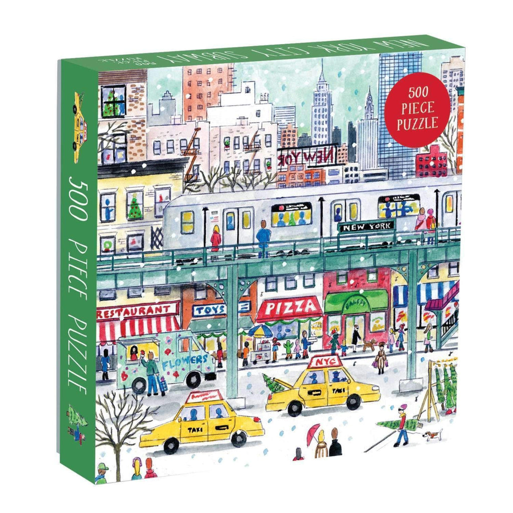 500 piece jigsaw puzzle box of illustrated new york city scene with elevated subway track