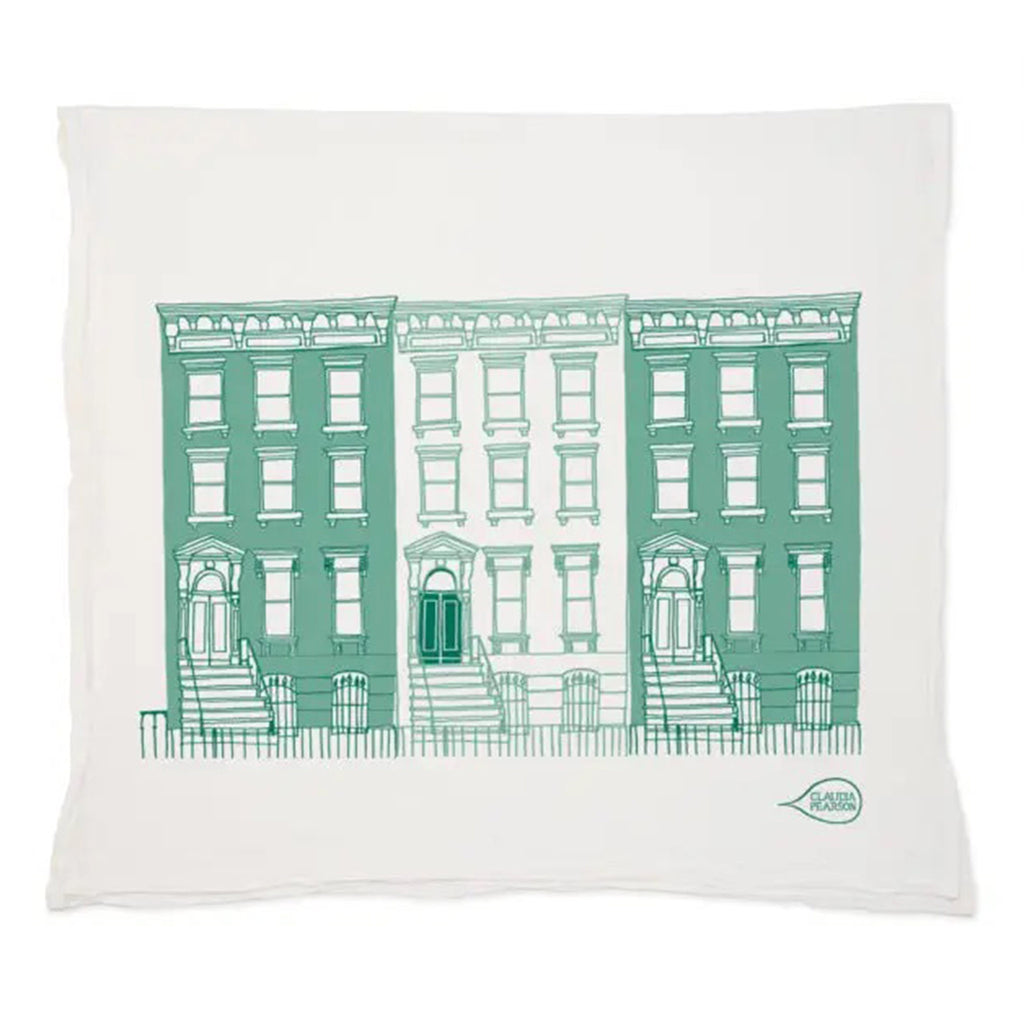 off-white flour sack cotton towel with a row of 3 classic brownstones with stoops in a blue green color palette