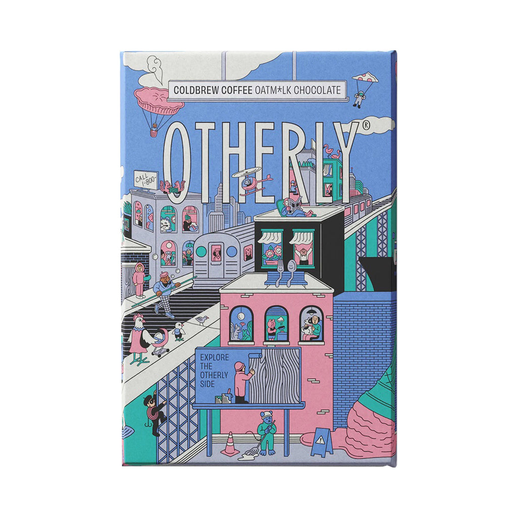 Otherly Cold Brew Coffee Oat Milk Chocolate Bar in wrapper with an illustration of a busy city neighborhood in pink, green and blue.