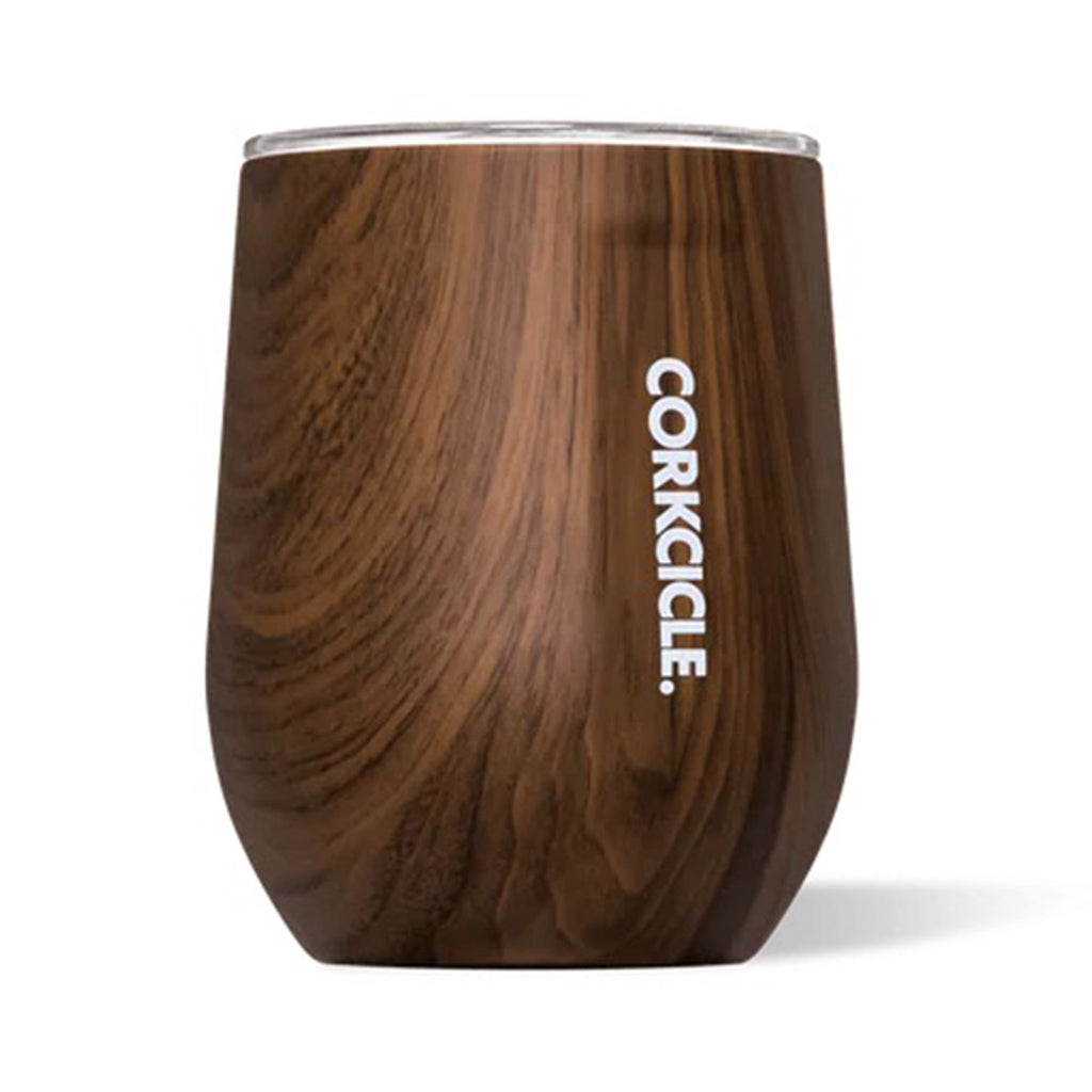 Corkcicle Insulated Stainless Steel stemless cup with clear spill-resistant lid and a walnut wood print.