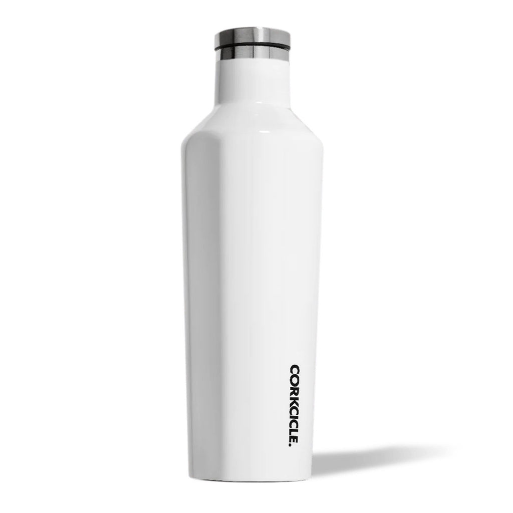 Corkcicle 25 ounce insulated stainless steel canteen water bottle with gloss white finish and a silver lid, front view.