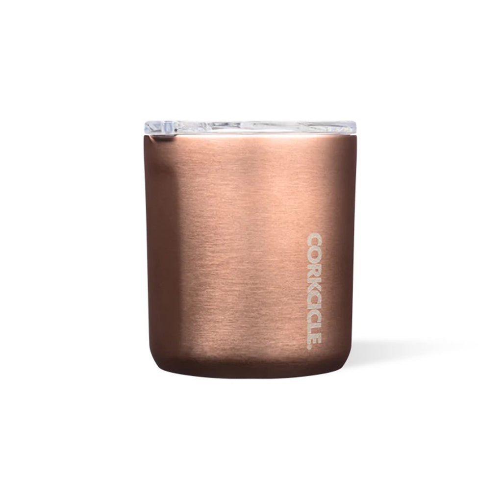 12 ounce stainless steel insulated cup with a metallic copper finish and a clear plastic slide lid.
