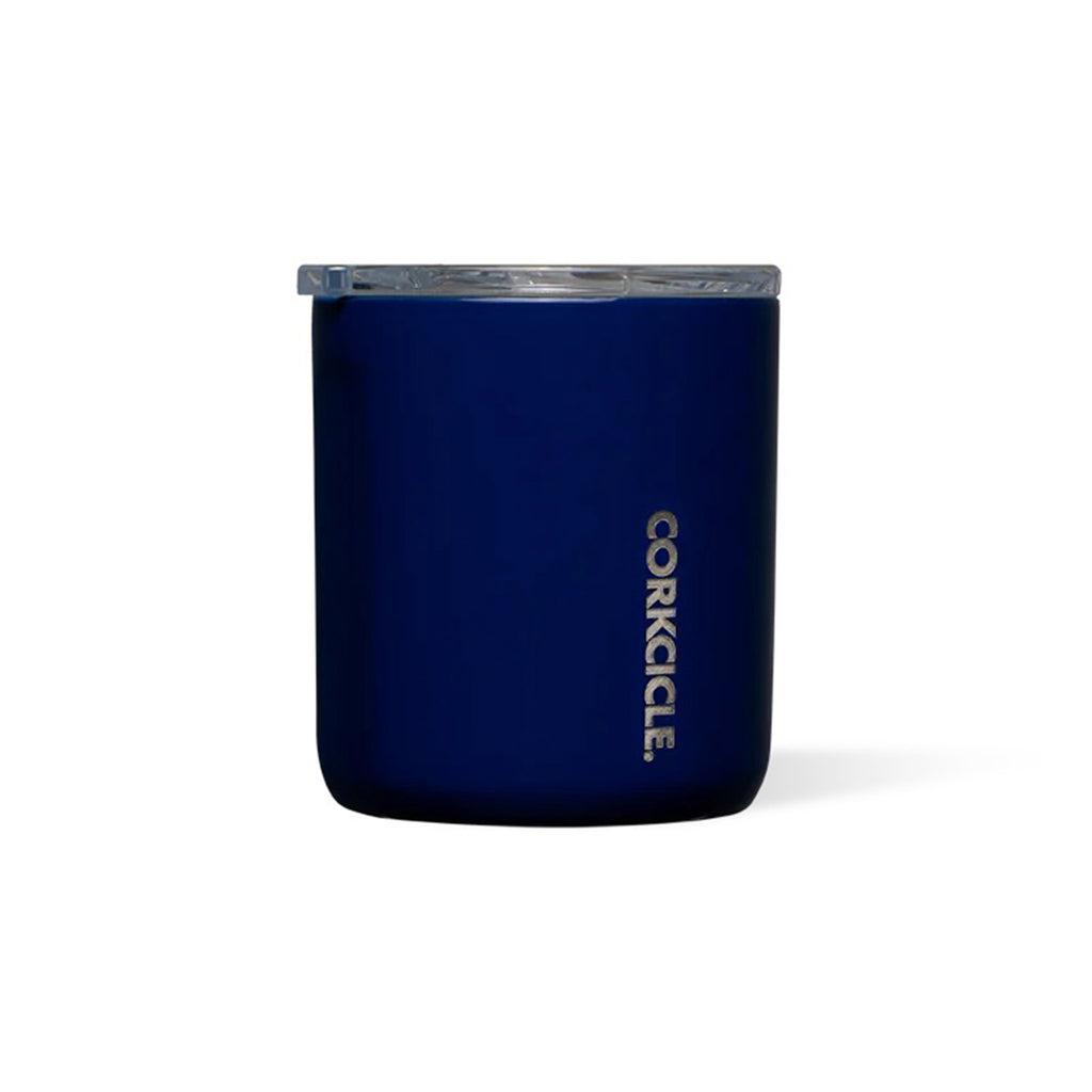 12 ounce stainless steel insulated cup with a glossy dark navy blue finish and a clear plastic slide lid.