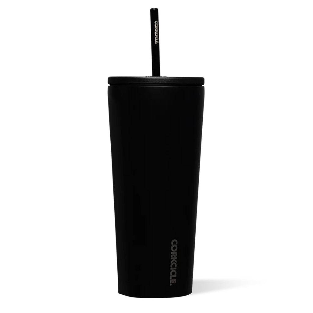 Corkcicle Cold Cup with a matte black finish, black lid and black ceramic coated straw, side view.