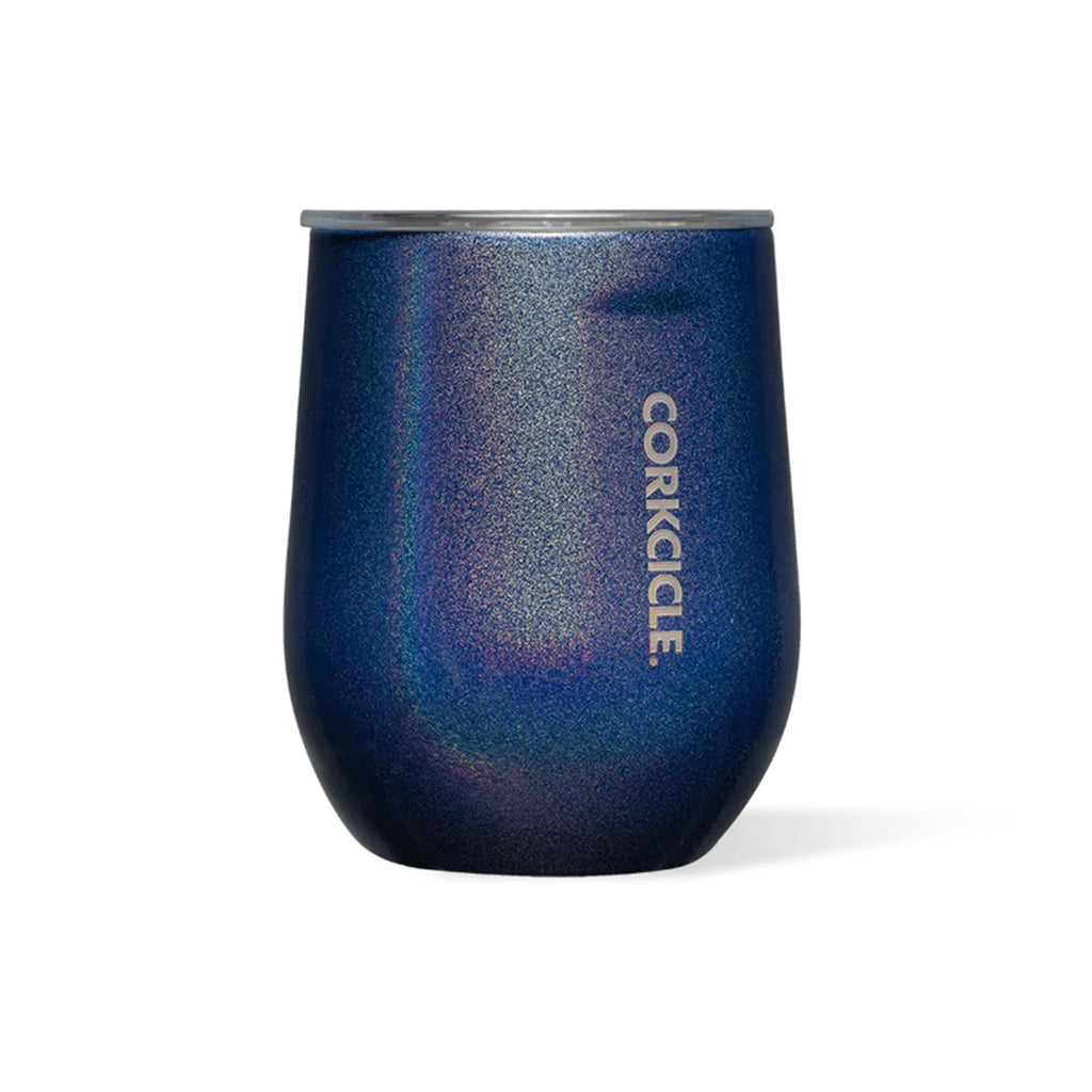 12 ounce stainless steel insulated stemless cup with a glittery midnight navy finish and a clear plastic slide lid.