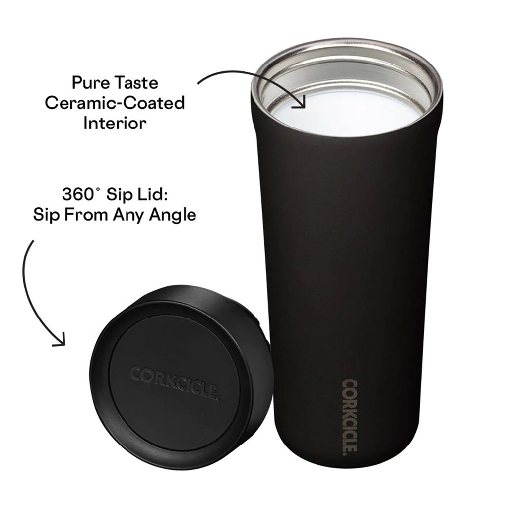 Corkcicle 17 ounce Gloss Midnight Navy insulated stainless steel commuter cup with ceramic lining, slightly overhead view with lid off, showing top of black 360 degree sip lid and interior of the cup.