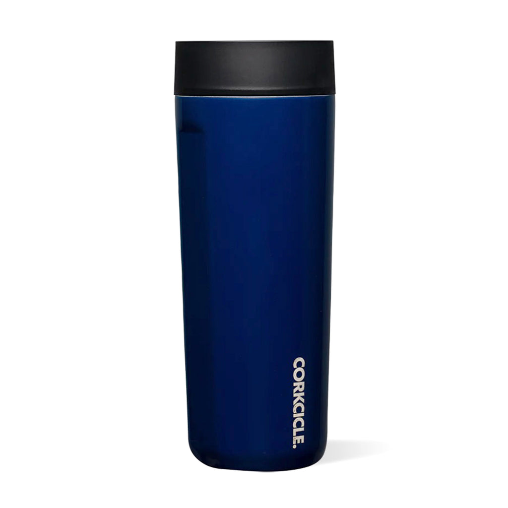 Corkcicle 17 ounce Gloss Midnight Navy insulated stainless steel commuter cup with ceramic lining, side view with black 360 degree sip lid on.