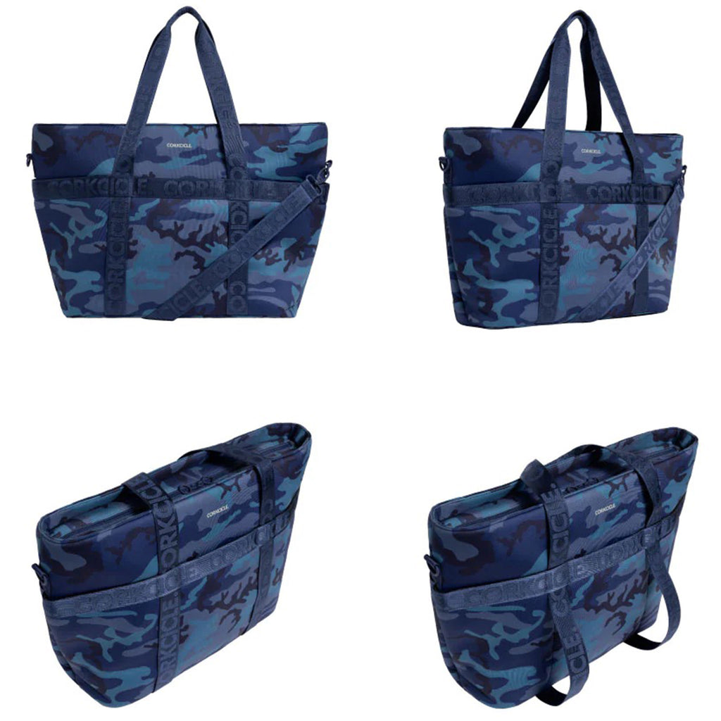 Corkcicle Estelle Tote large insulated cooler bag with shoulder straps and navy camouflage print, front and side angles showing adjustable straps.