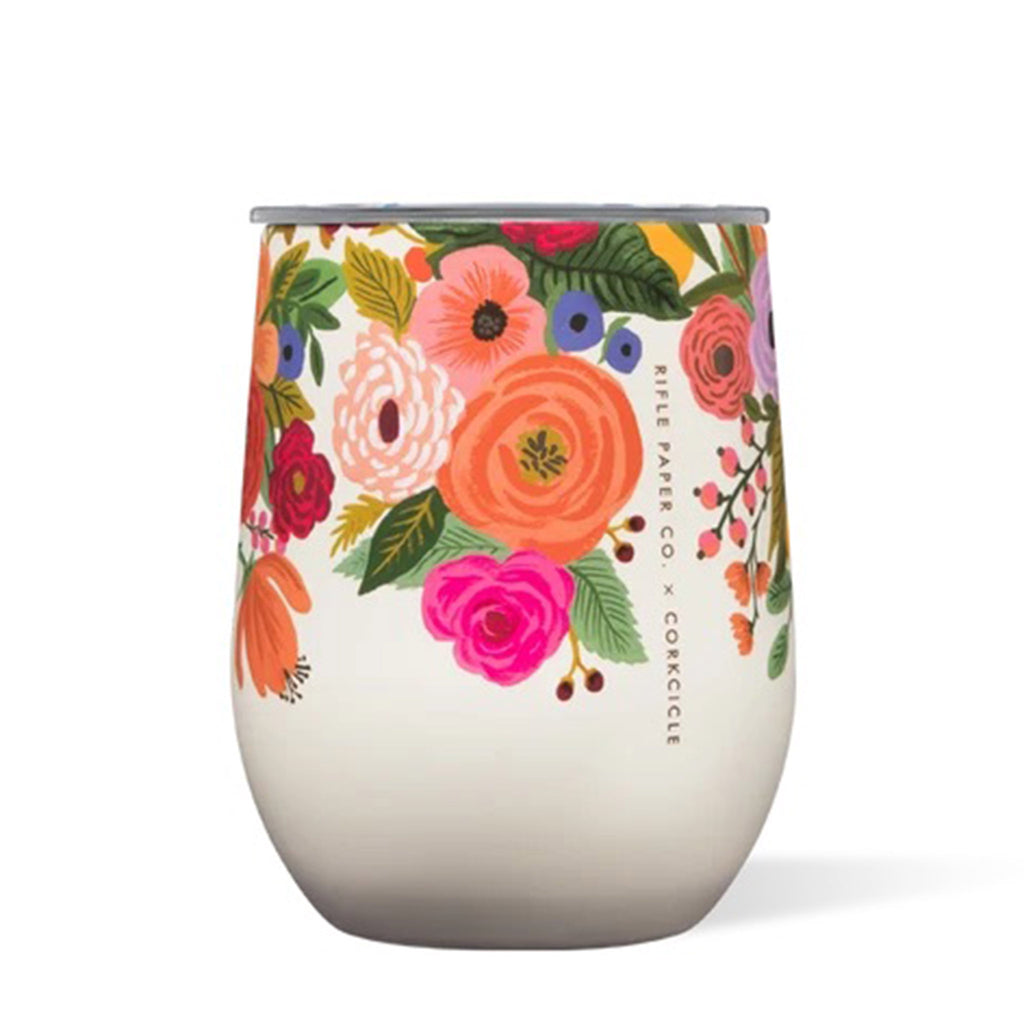 corkcicle x rifle paper co insulated cream stemless cup with colorful floral garden party print along the top front view