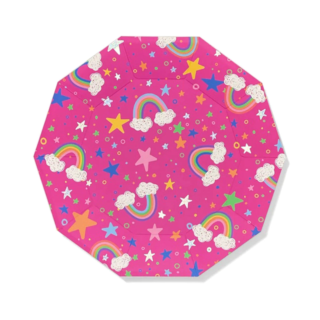 Large fuchsia 10 sided paper plate with illustrated rainbows and colorful stars.