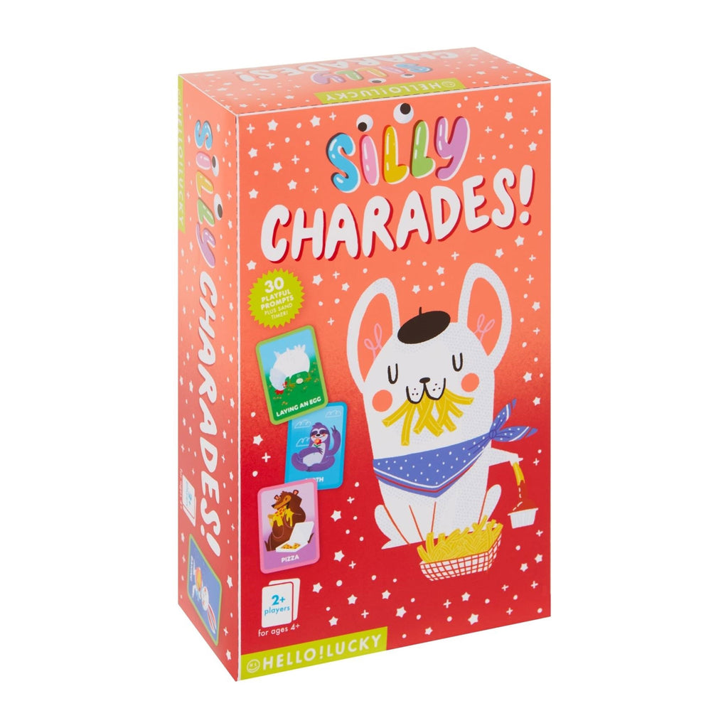 CR Gibson x Hello!Lucky Silly Charades! Card Game in illustrated box, front angle view.