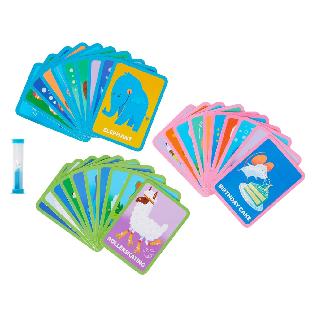 CR Gibson x Hello!Lucky Silly Charades! Card Game sample cards and a sand timer.