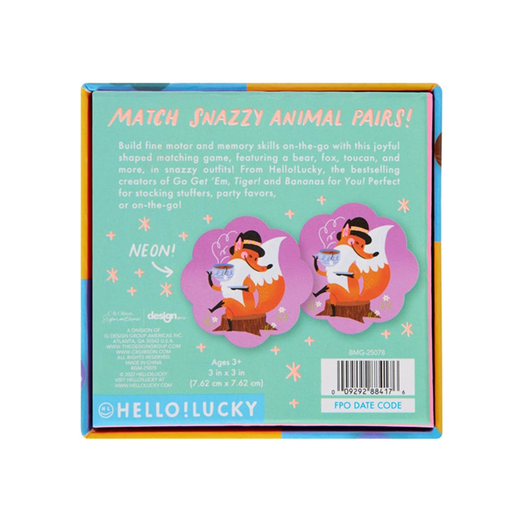 CR Gibson x Hello!Lucky Snazzy Animals Memory Matching Game box back with sample cards and information.