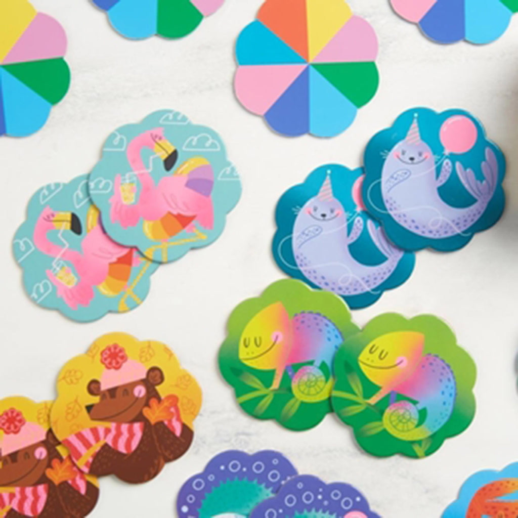 CR Gibson x Hello!Lucky Snazzy Animals Memory Matching Game sample cards with a flamingo, seal, bear and chameleon.