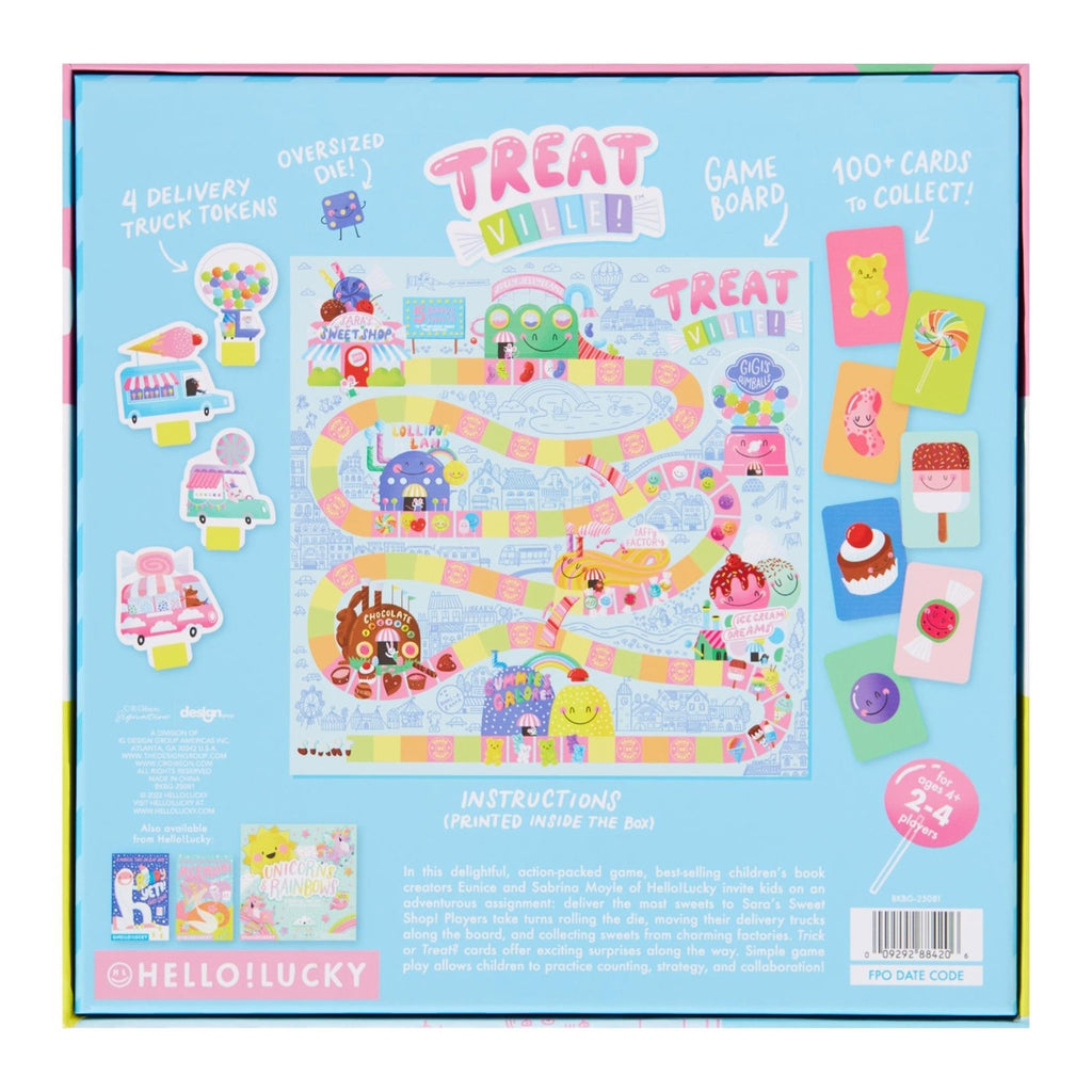 Back of box for CR Gibson x Hello!Lucky Treatville kids board game with photo of pieces, board, cards and description.