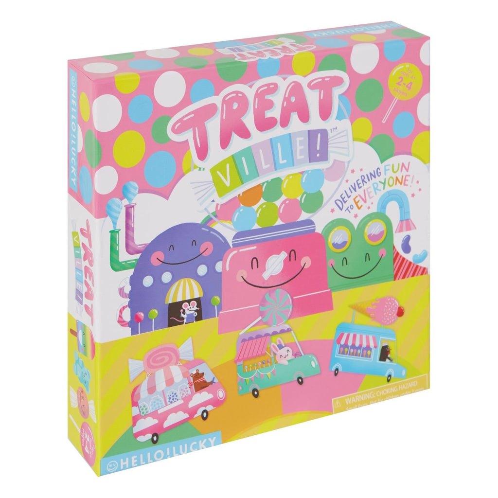 Front of box for CR Gibson x Hello!Lucky Treatville kids board game.